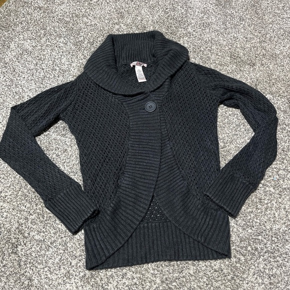 JJ Original One Button Sweater Womens Juniors Size L Black Knitted Crotchet - Picture 1 of 6